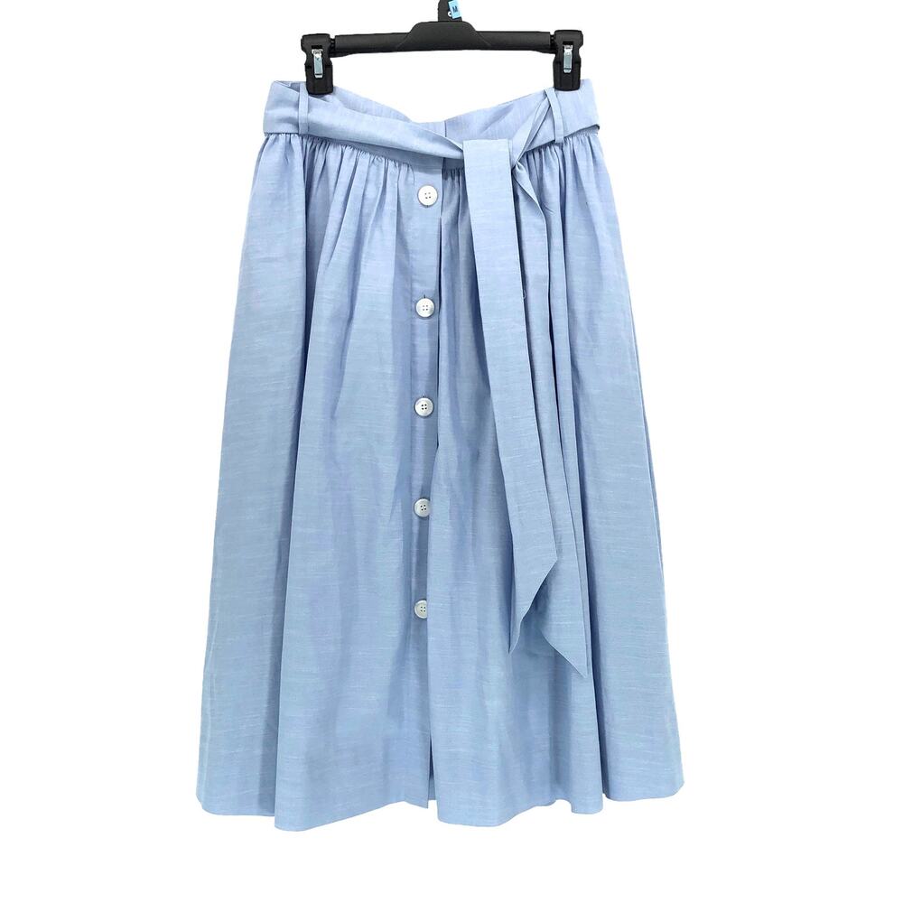 1901 Nordstrom Chambray Button Front Skirt w/ Bow Tie Belt Size 8 Blue Lined EUC - Picture 2 of 7
